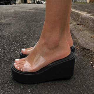 Sandália Plataforma Feminina Silicone Vinil  Reto Tamanco Papete Salto Alto Anabela