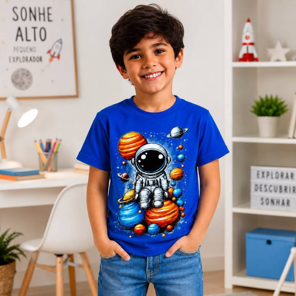 Camiseta Infantil Astronauta 100% Algodão com Estampa | Blusa Manga Curta Confortável Unissex do 2 ao 14