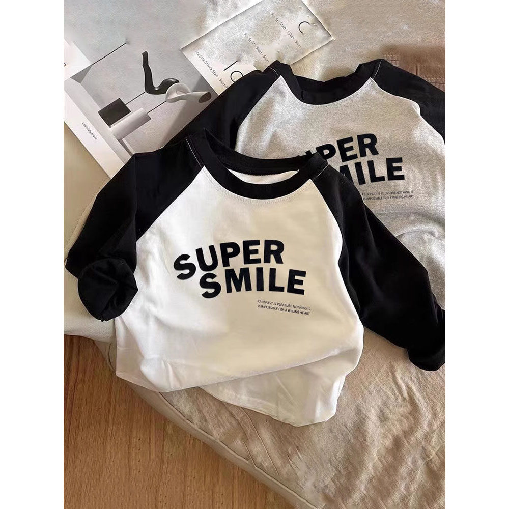 100% algodão meninos camiseta de manga comprida primavera outono 2026 novo estilo carta Raglan ombro coreano crianças be