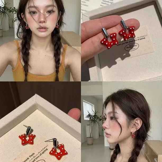 [Estoque pronto] Moda novo estilo vermelho bolinhas estrela brincos brincos vermelho bolinhas estrela brincos Retro High