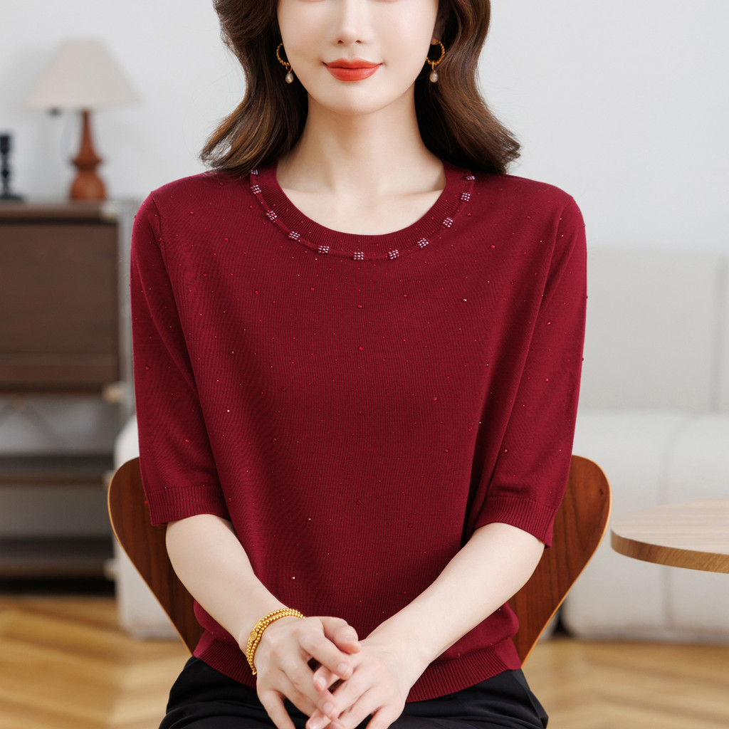 Nobre estilo ocidental mãe usar primavera novo estilo camisola de manga média pequena camisa de meia-idade mulheres idos