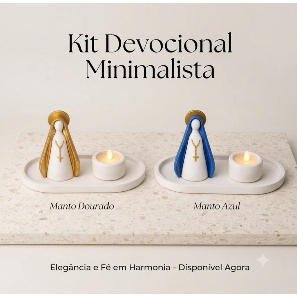 Kit Fé e Luz Nossa Senhora Aparecida | Imagem 12cm + Bandeja + Porta-Vela + Vela LED | Decoração Religiosa