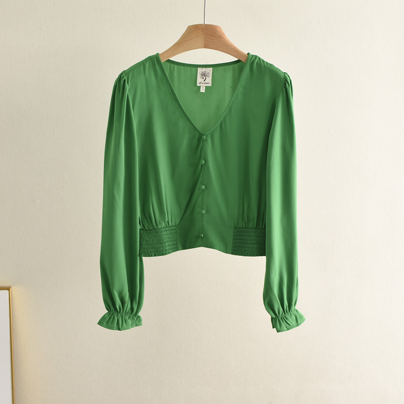 Verde com decote em V camisa de manga comprida feminina primavera verão estilo fino europeu americano comércio exterior 