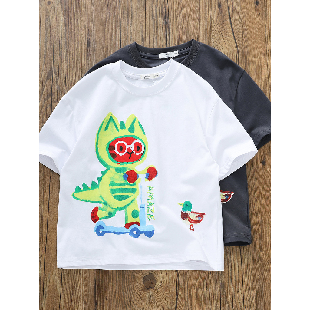 Alta qualidade meninos verão novo estilo crianças dinossauro em torno do pescoço de manga curta camiseta crianças médio 