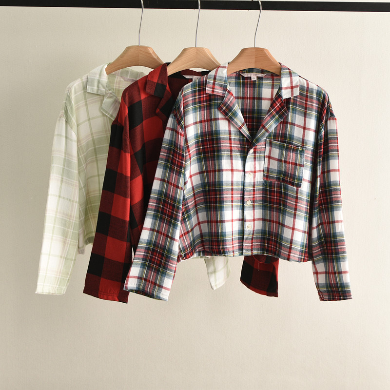 Retro xadrez camisa feminina primavera verão manga comprida lapela europeu americano comércio exterior solto estilo curt