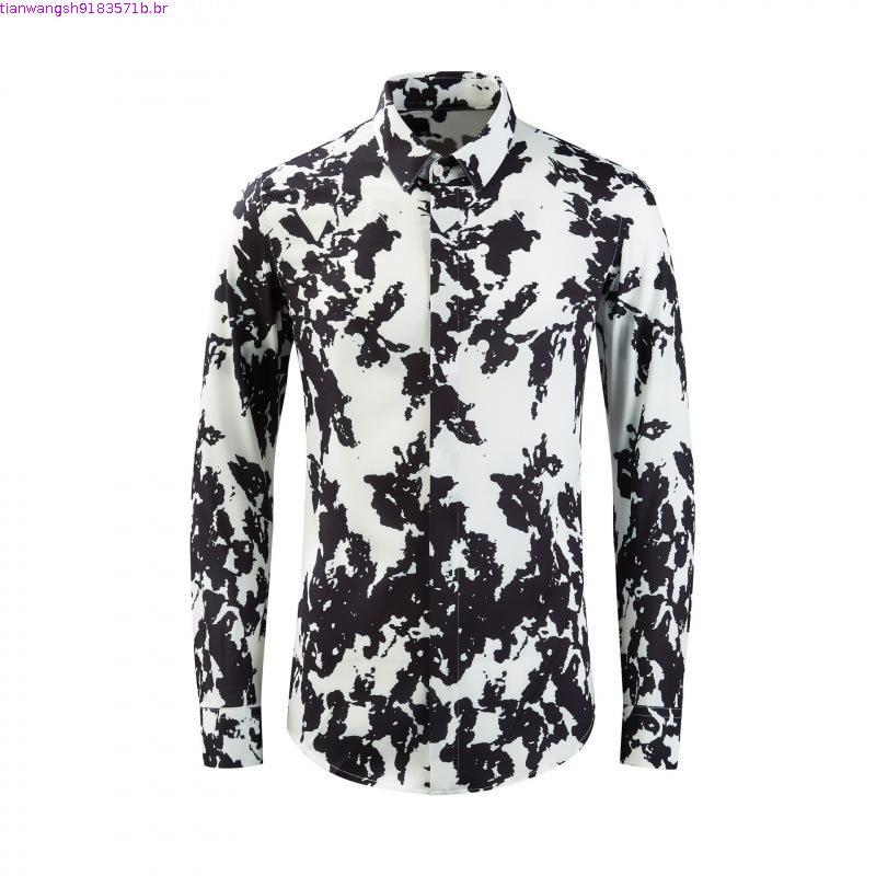 Moda outono geométrica Irrelar impressa csa de manga comprida masculina Casual confortável High-End sem ferro magro