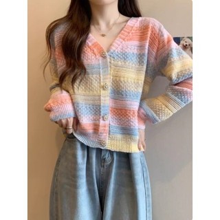 Tamanho grande arco-íris listrado malha Cardigan jaqueta feminina primavera outono gordura mm interior com decote em v c