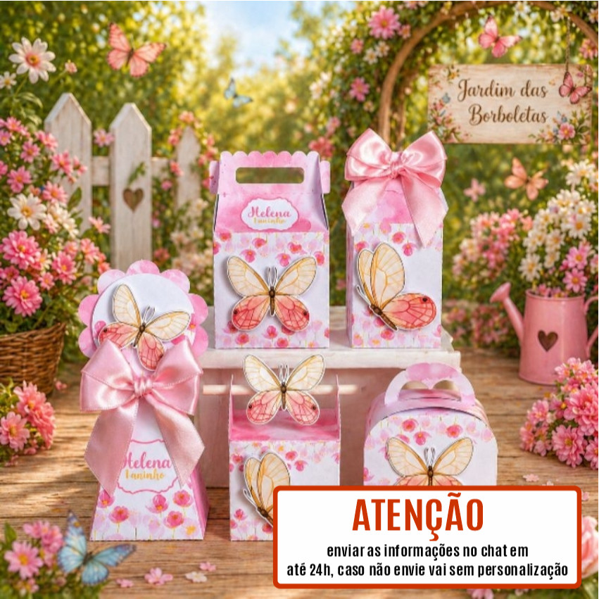 Kit Festa Jardim Borboleta Rosa Personalizado Luxo | Caixinhas Lembrancinha Infantil Aniversário Menina | Pegue Monte