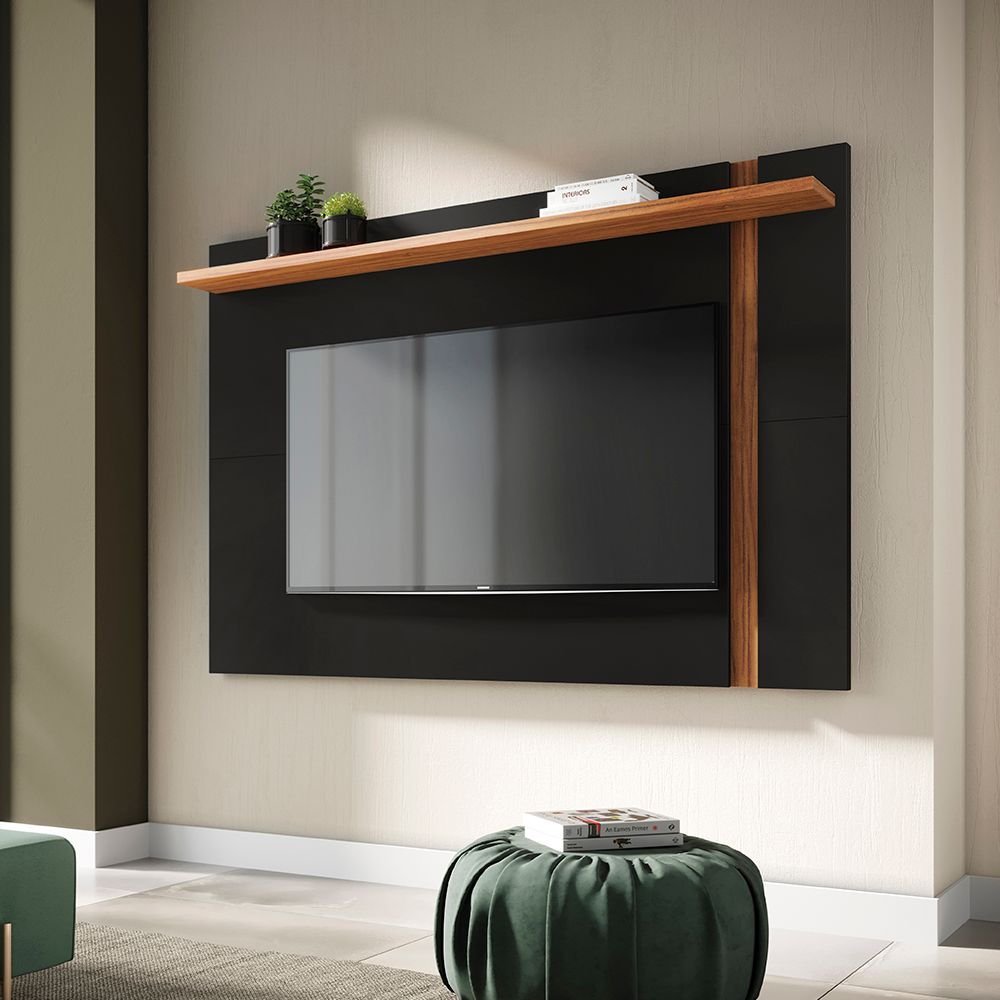 Painel Extensível para TV até 60 Polegadas 180CMX108CM 1 Prateleira Leme Preto Preto Fosco/Noce Milano