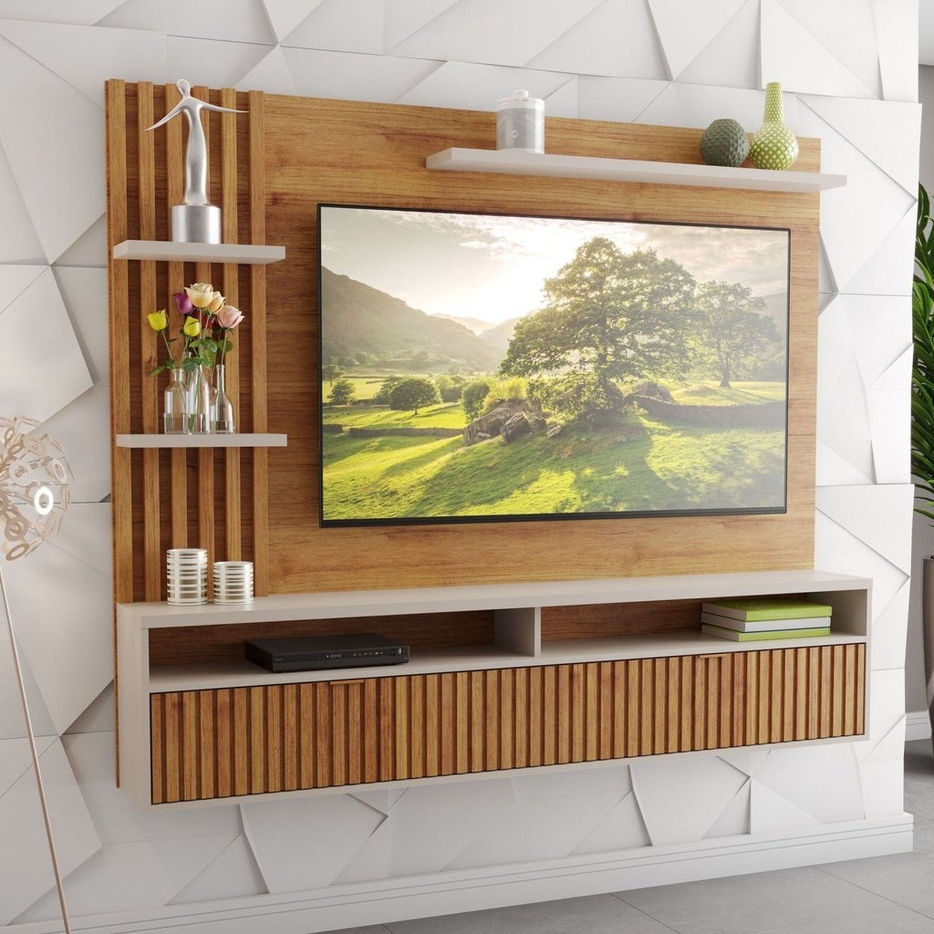 Painel para TV até 65 Polegadas MDF 180,5CMX149CM 1 Porta Provence Viero Bege Mel/Off White