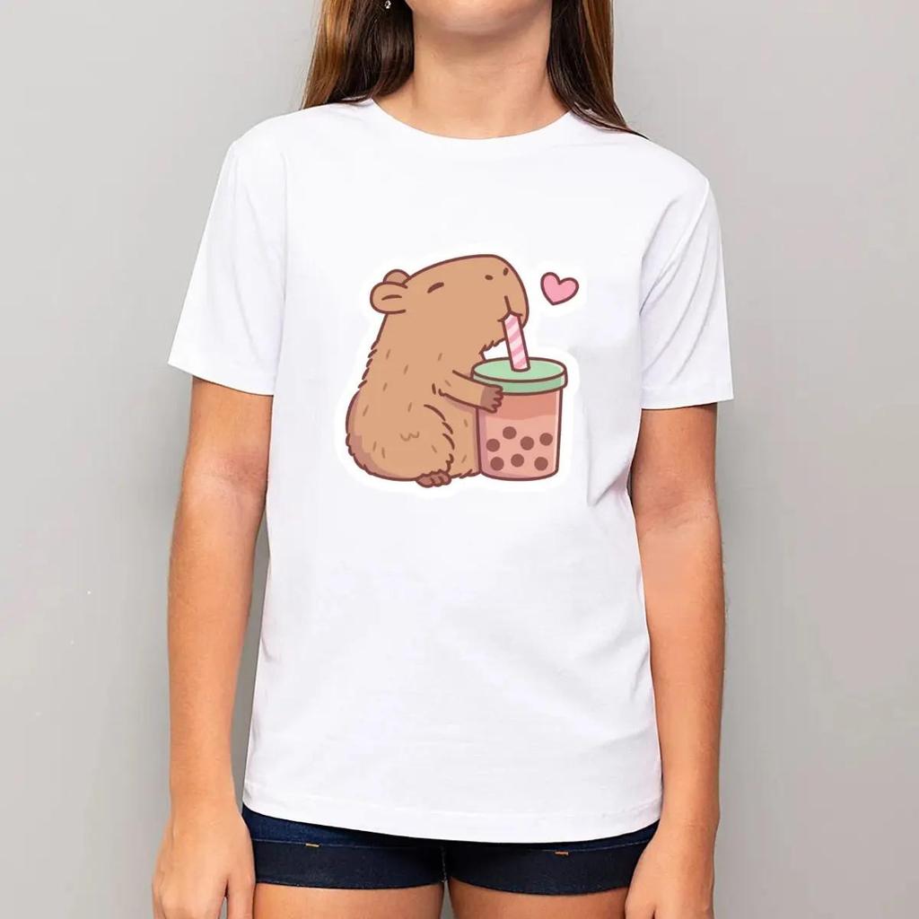Camiseta Infantil Feminina Capivara Fofa 100% Algodão Estampada Confortável para Menina