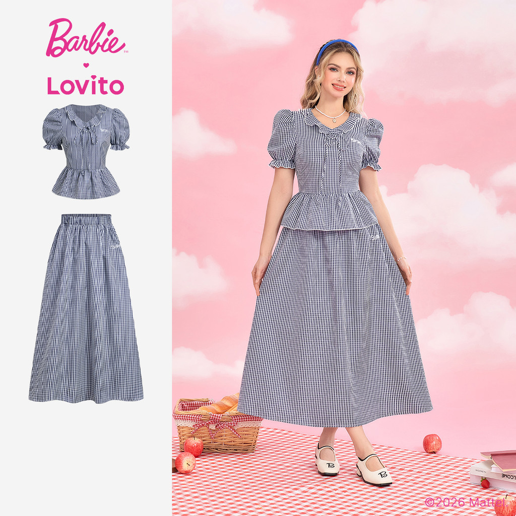 Barbie™ X Lovito Xadrez Casual Blusas ou Calças Barra Amarração Primavera/verão