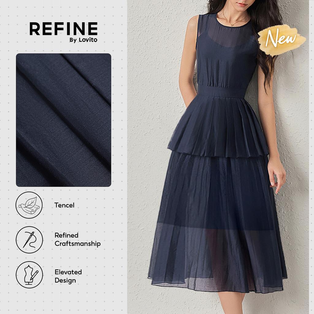 (New Arrival) (Refine by Lovito) Vestido Social Tencel Plissado Assimétrico Azul Marinho Trabalho Bordado DRR42P1D034