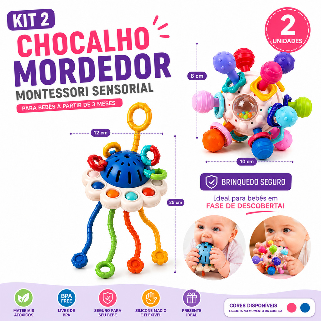 Kit 2 Chocalhos Mordedores Bebê Montessori Sensorial Silicone BPA Free Brinquedo Educativo Coordenação Motora