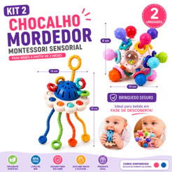 Kit Chocalhos Mordedores Bebê Montessori Sensorial Silicone BPA Free Brinquedo Educativo Coordenação Motora