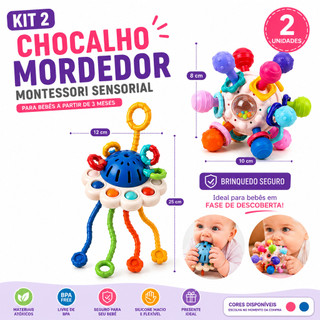 Kit Chocalhos Mordedores Bebê Montessori Sensorial Silicone BPA Free Brinquedo Educativo Coordenação Motora