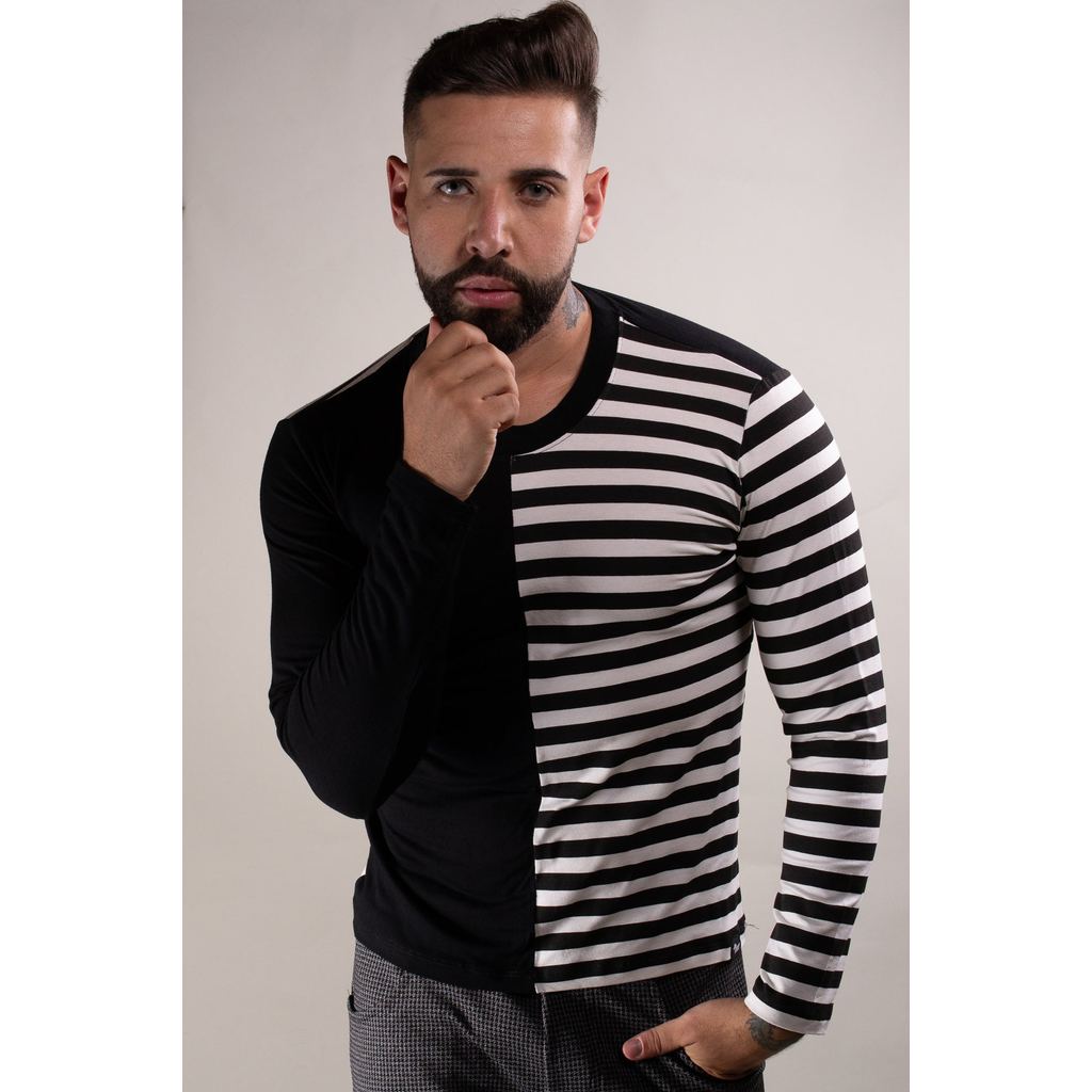 Camiseta Masculina JotaVê Manga Longa Viscolycra Detalhe Listrado Moda Casual