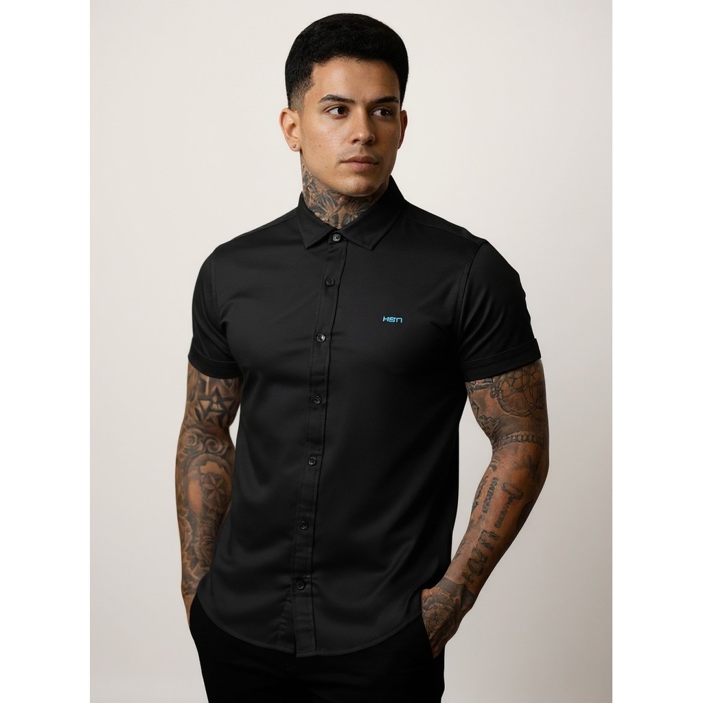 Camisa Masculina Viscose Elastano Manga Curta Slim Fit Não Amassa Preto — Mell Moda