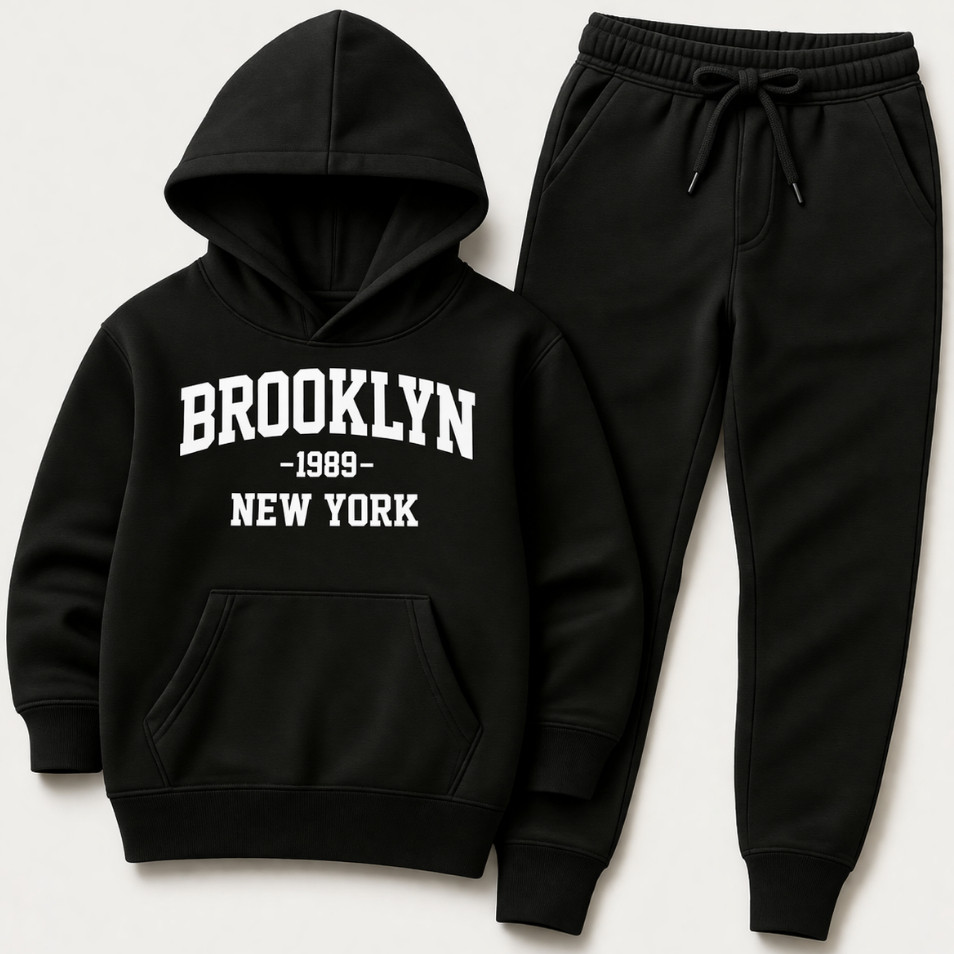 Conjunto Moletom Infantil kit PREMIUM estampado Brooklyn Blusa de Frio Canguru e Calça Flanelados