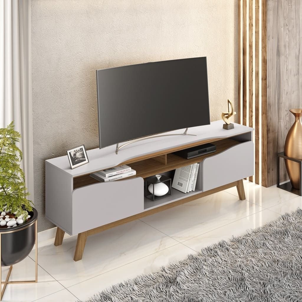 Rack para TV até 75 Polegadas 180cm Pés em Madeira Maciça Ilhabela Cinza Off White/Cinamomo