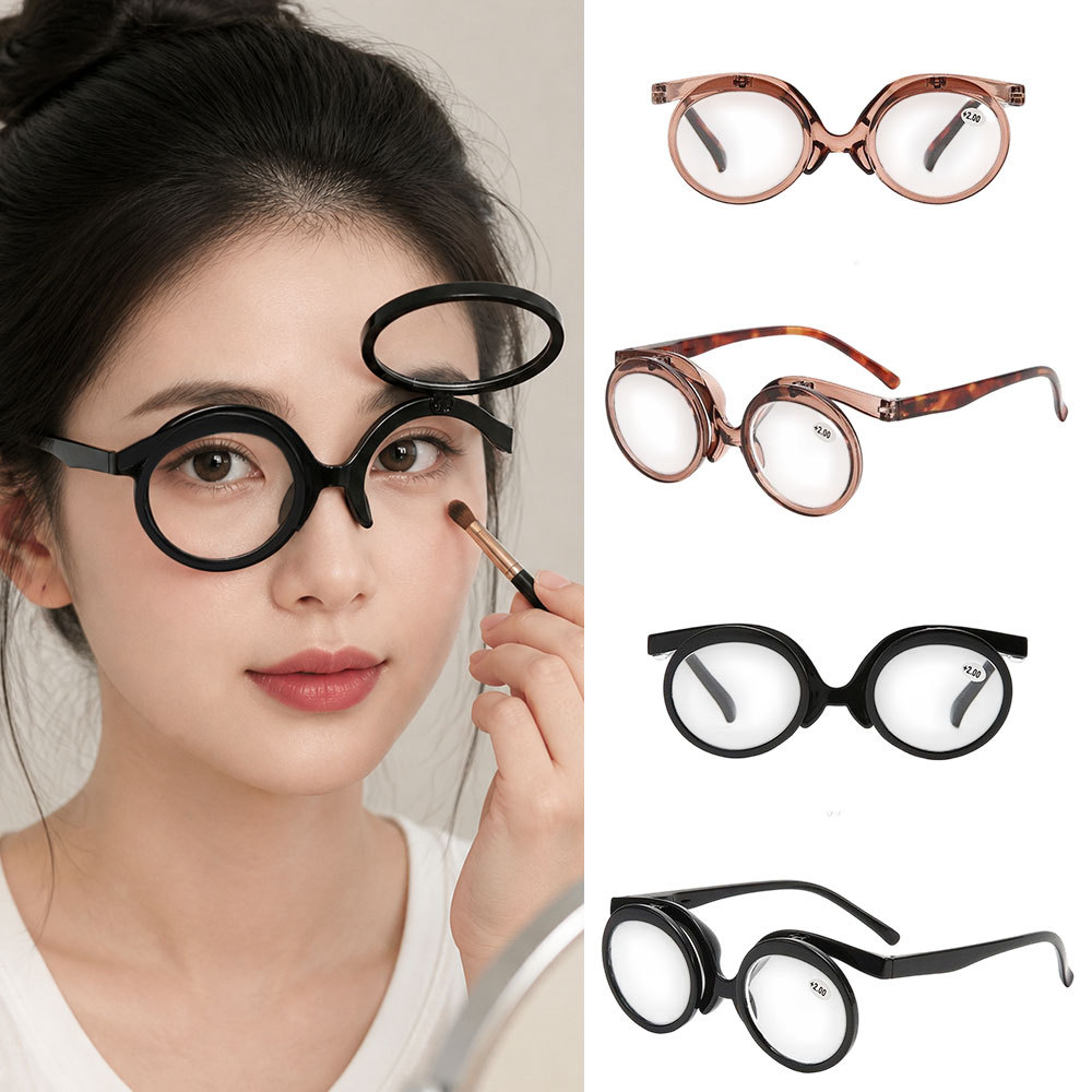 Óculos Redondos Com Lentes Flip Up , Armação Leve , Bloqueio De Luz Azul , De Maquiagem Para Mulheres