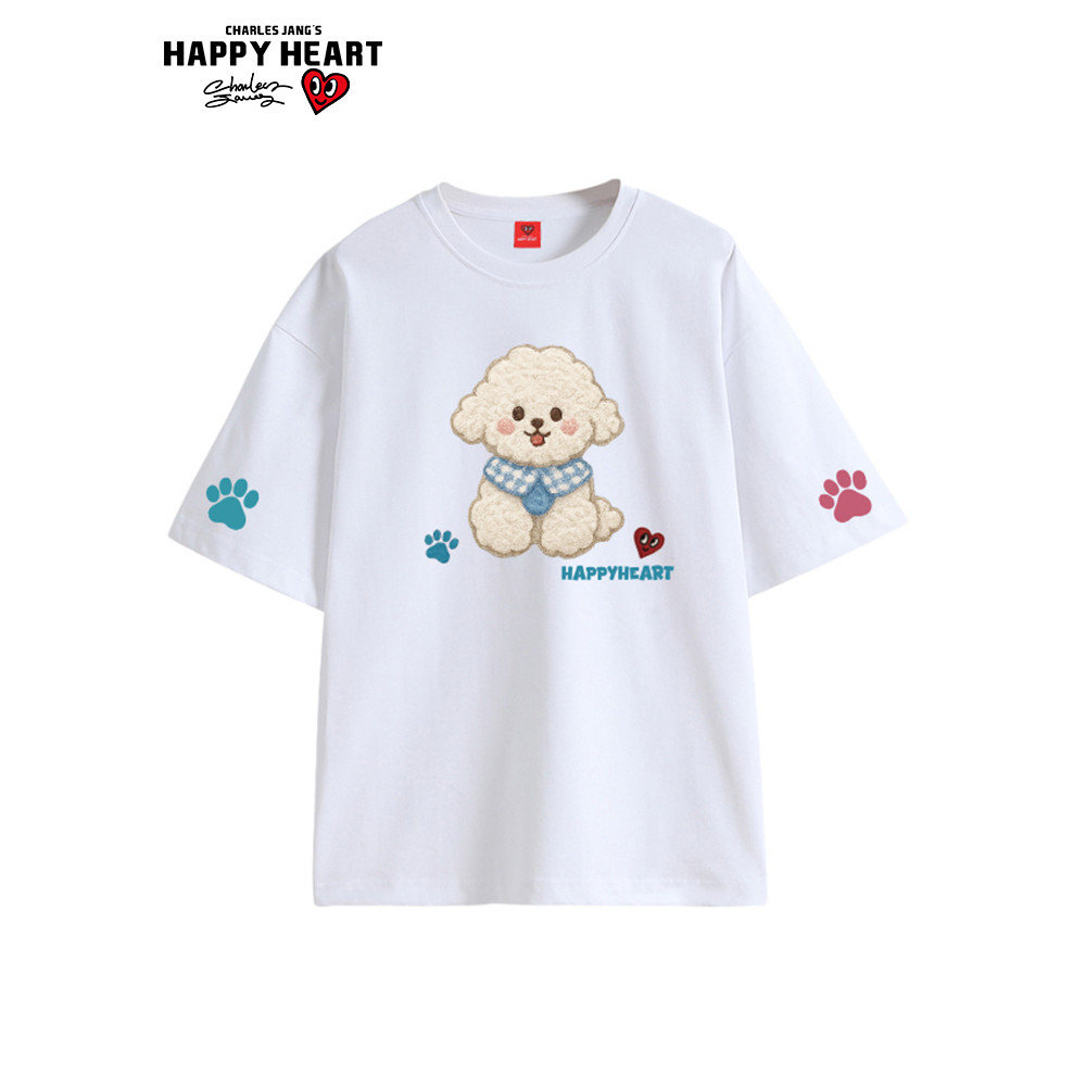 Charles pêssego coração dos desenhos animados filhote de cachorro impresso crianças camiseta de manga curta das mulheres