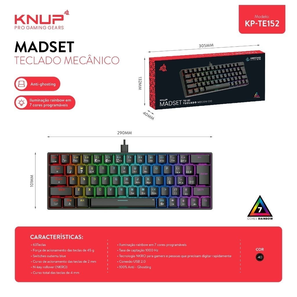 Teclado Gamer Mecanico Knup KP-TE152 63 Teclas ABNT2 Anti-Ghosting Switch Blue
