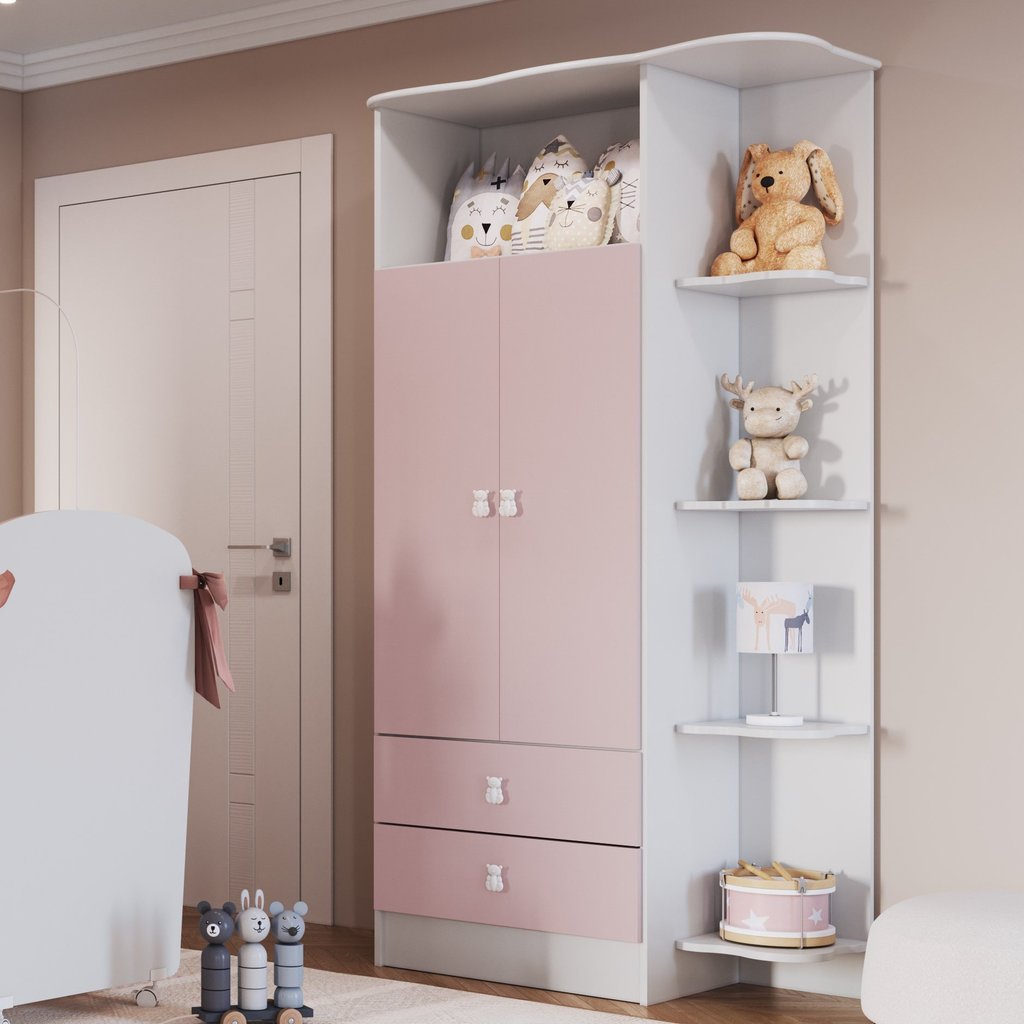 Guarda-Roupa de Bebê 2 Portas 2 Gavetas com Cantoneira Baby Rosa/Branco Branco/Rosa