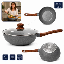Frigideira Antiaderente Wok Em Cerâmica Grande Com Tampa Em Vidro Para Fogão De Indução Gás 28cm 4,3 Litros Cinza Tippi