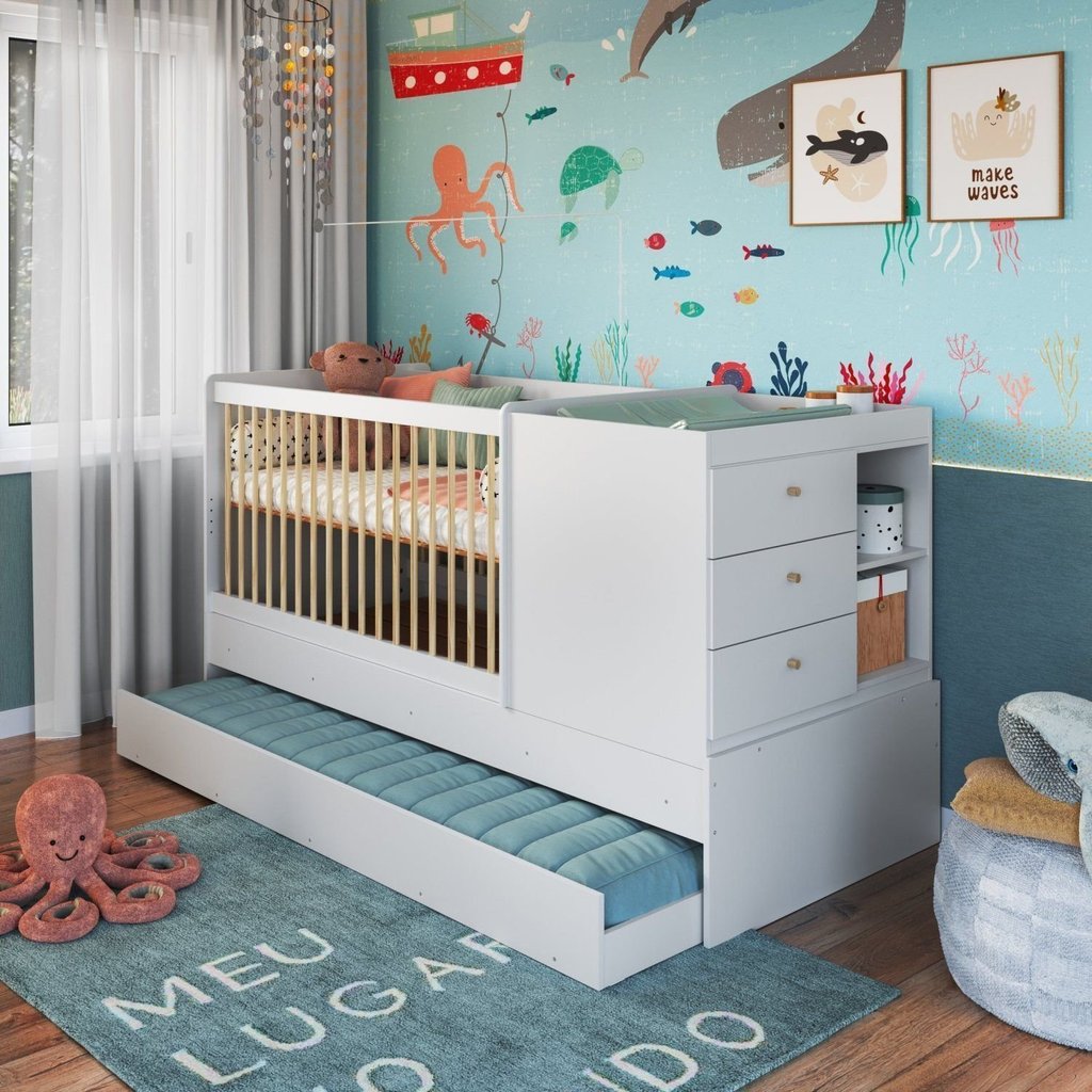 Berço Multifuncional com Cama Auxiliar 3 Gavetas Branco Branco