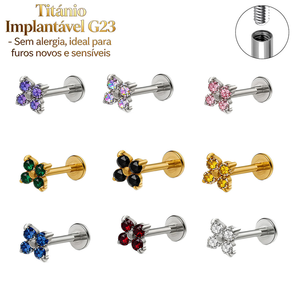 Brincos de metal de titânio F136 em formato de trevo de quatro folhas com uma ampla seleção de cores de zircônia disponí — imagem 2 de 2