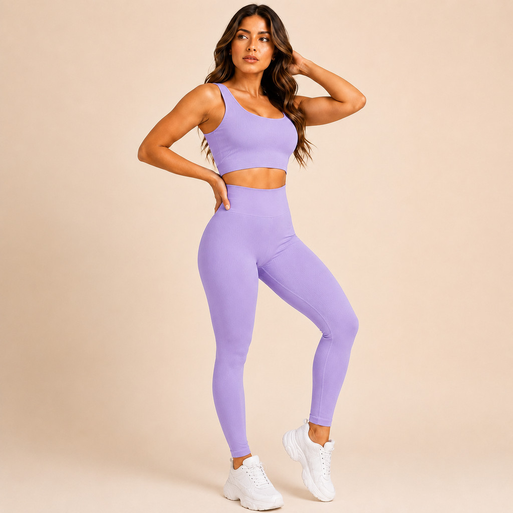conjunto feminino premium top sutiã + calça legging canelado academia modelador