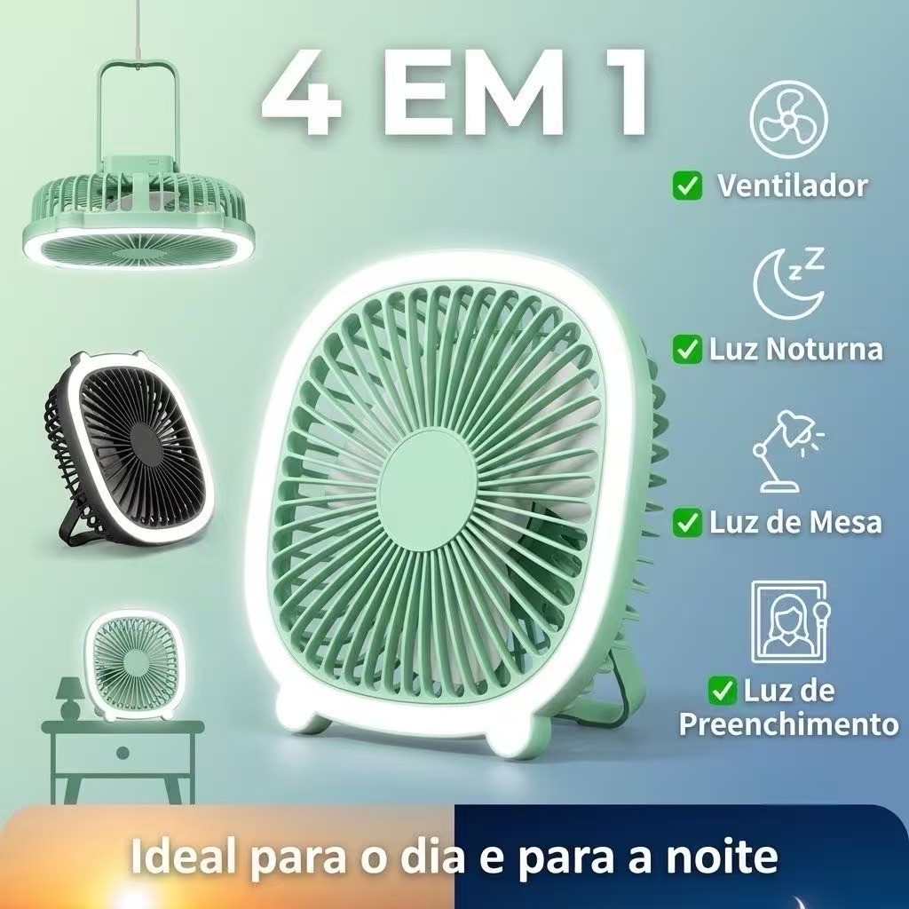 Mini Ventilador de Mesa USB Recarregável com Luz LED 3 Velocidades Compacto Silencioso