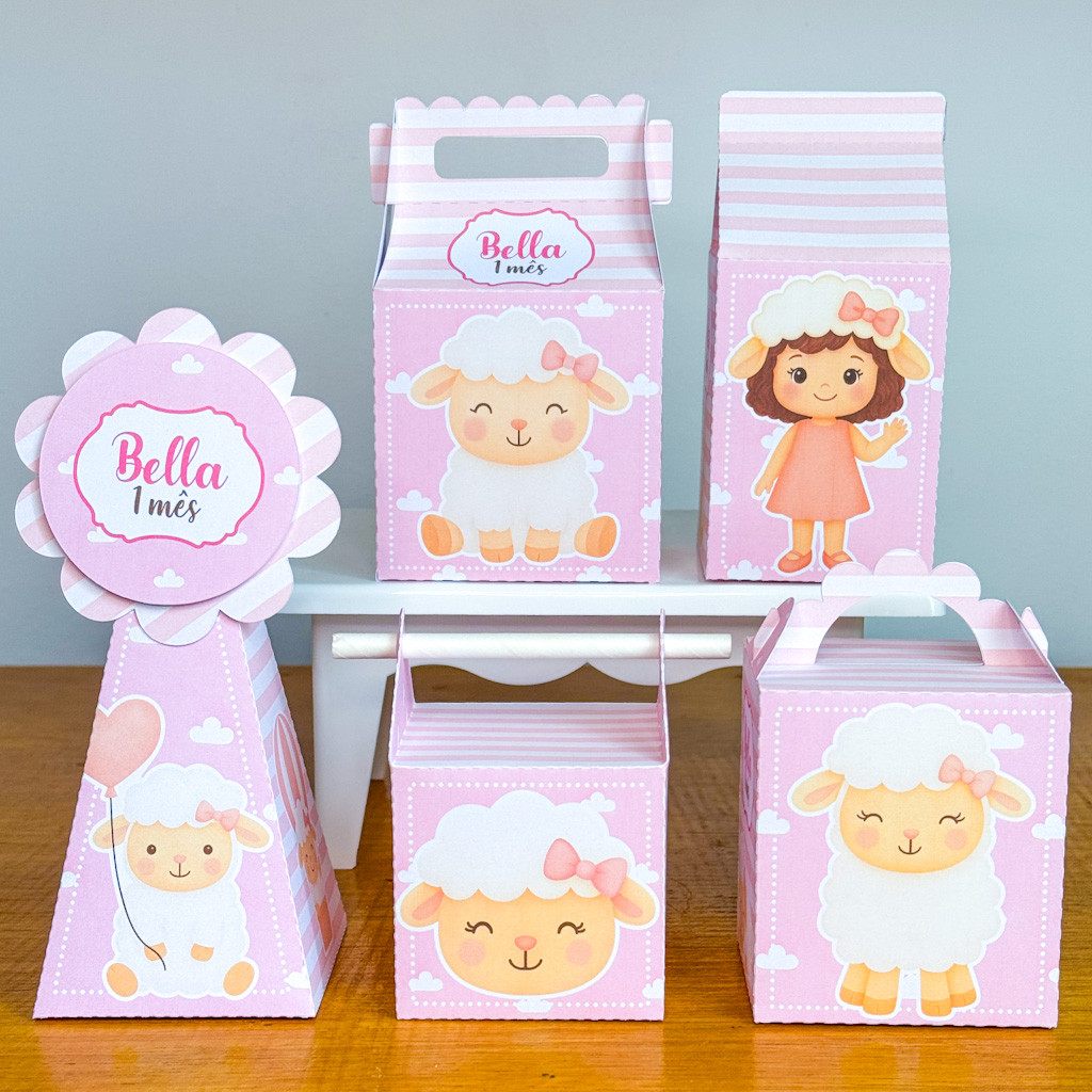 PEGUE E MONTE - Kit Festa Personalizado Ovelhinha rosa - Lembrancinhas - Caixinhas para festa