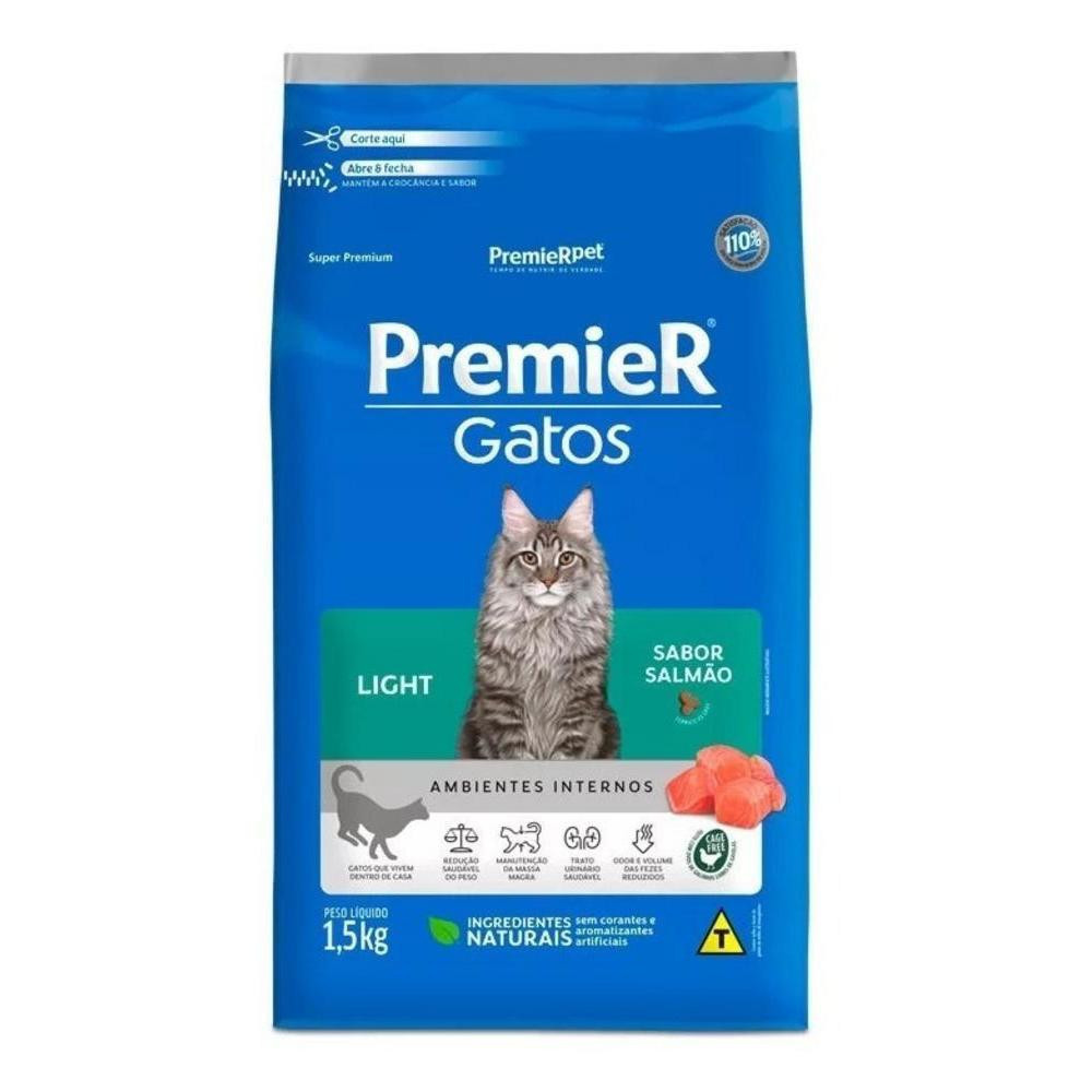 Ração para Gatos Adultos Ambientes Internos Light Sabor Salmão Premier Pet 1,5Kg