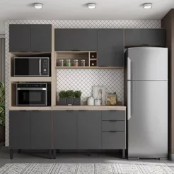 Cozinha Completa Modulada Firenze 04 Peças 10 Portas e 02 Gavetas Cinza/Avena Touch/Grafito
