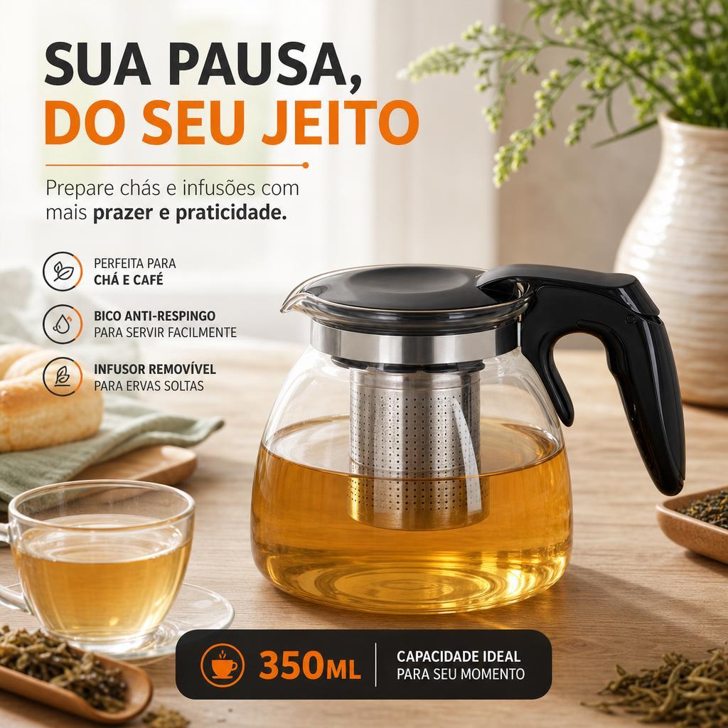 Chaleira de Vidro 350ml - Preta - chá infusor inox bule café tampa elétrica borossilicato jarra aço