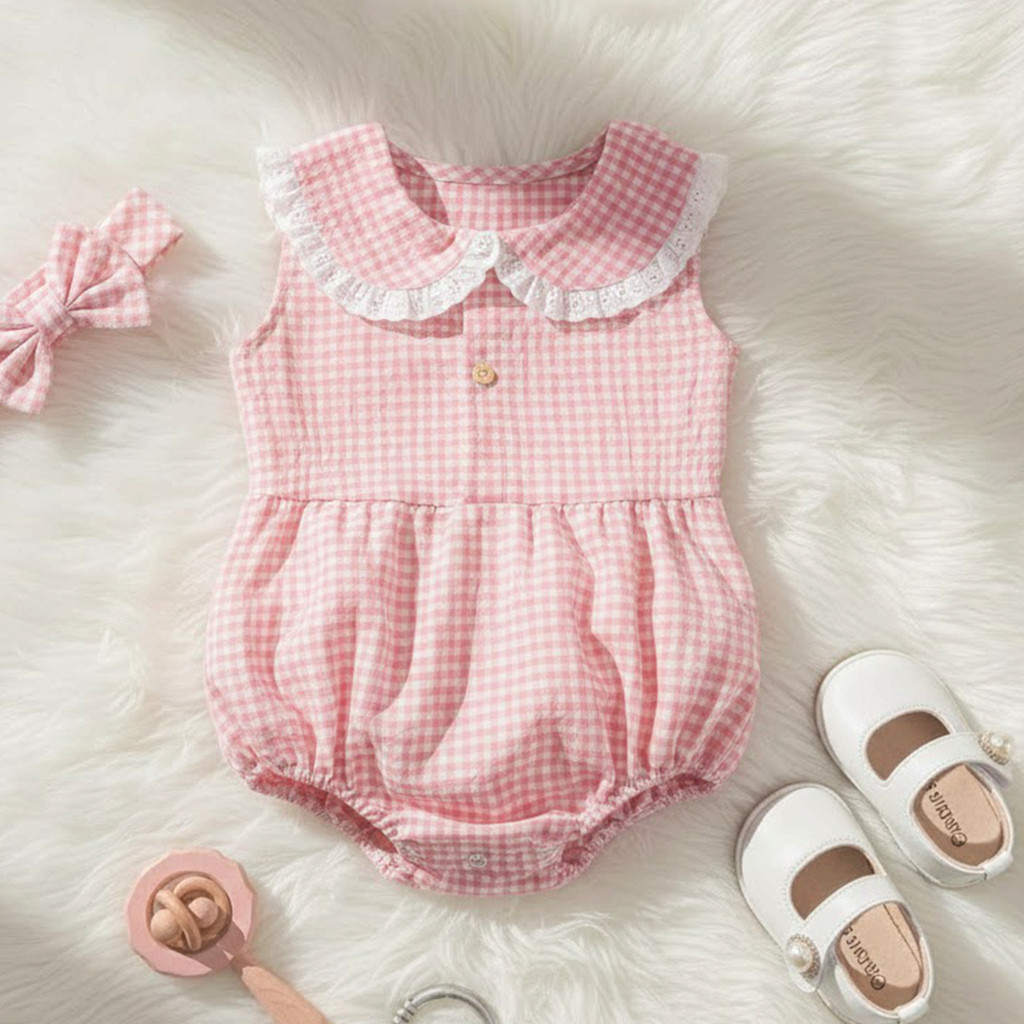 Body Casual De Algodão Para Bebês Meninas , Roupas Infantis Xadrez Fofas De Verão