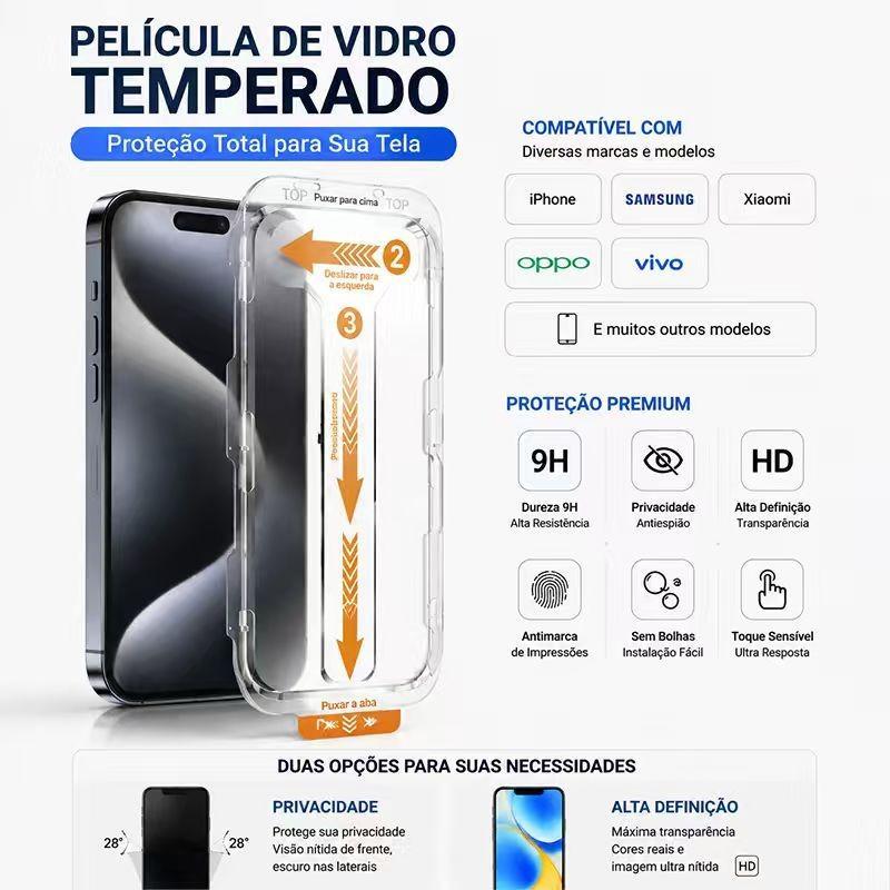 Película de Privacidade em Vidro Temperado 3D 9H + Aplicador - Compatível com iPhone 16/15 e Samsung S22 a S26/A35