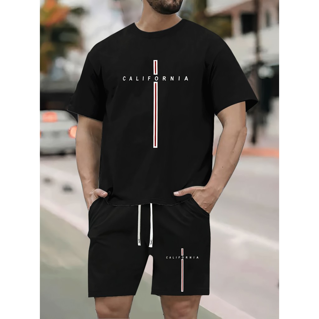 Conjunto Masculino Camiseta e Bermuda Casual Manga Curta 100% Algodão Estampado California Estiloso Streetwear
