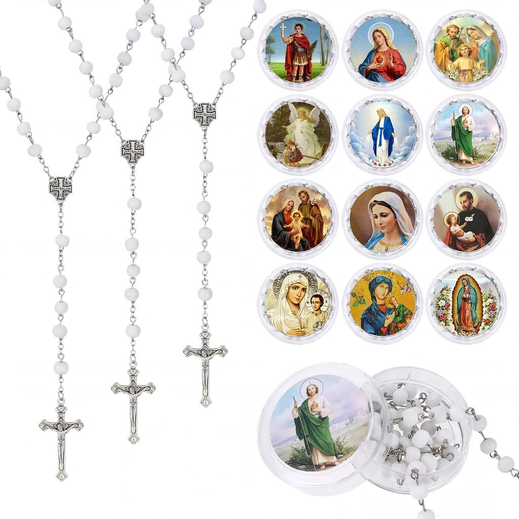 24 Peças de Terços Vermelhos/Branco em Lote, Terços Católicos com Cruz de Jesus, Terço de Madeira Virgem de Guadalupe co