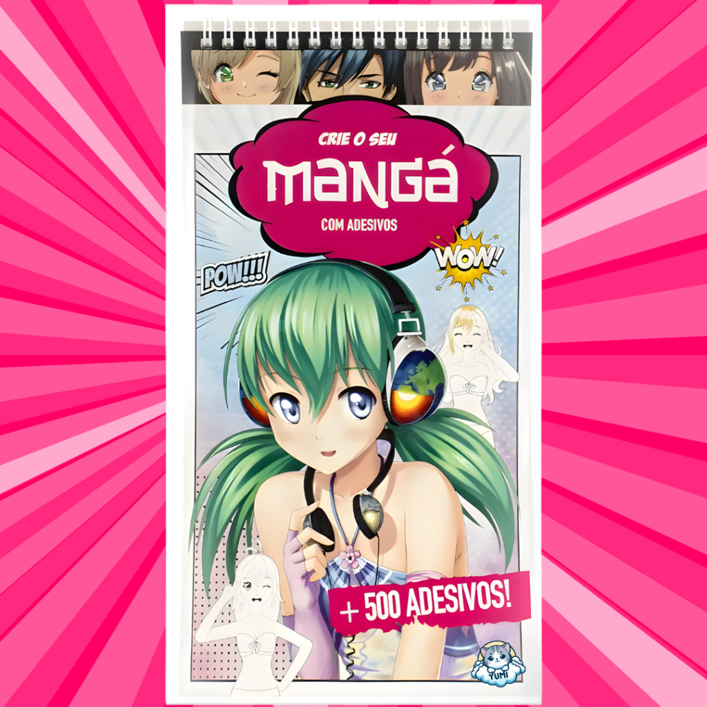 Livro de Colorir Caderno De Desenho Crie o Seu Mangá Pintura Coloring Book Espiral + 500 Adesivos