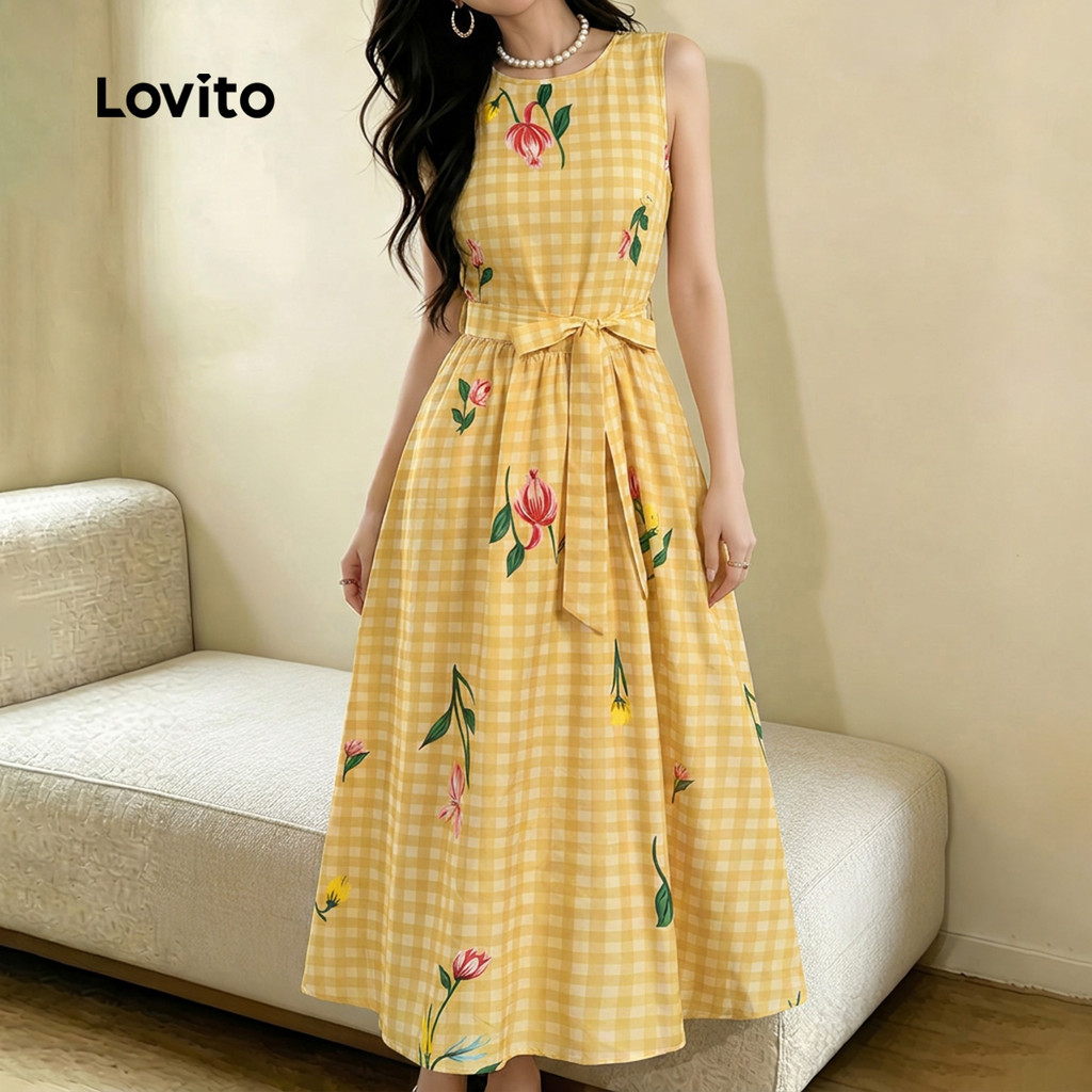 Lovito Vestido Elegante de Amarrar Simples para a Primavera/verão Amarelo para mulheres Bordado DRK8P2D929 · foto 2