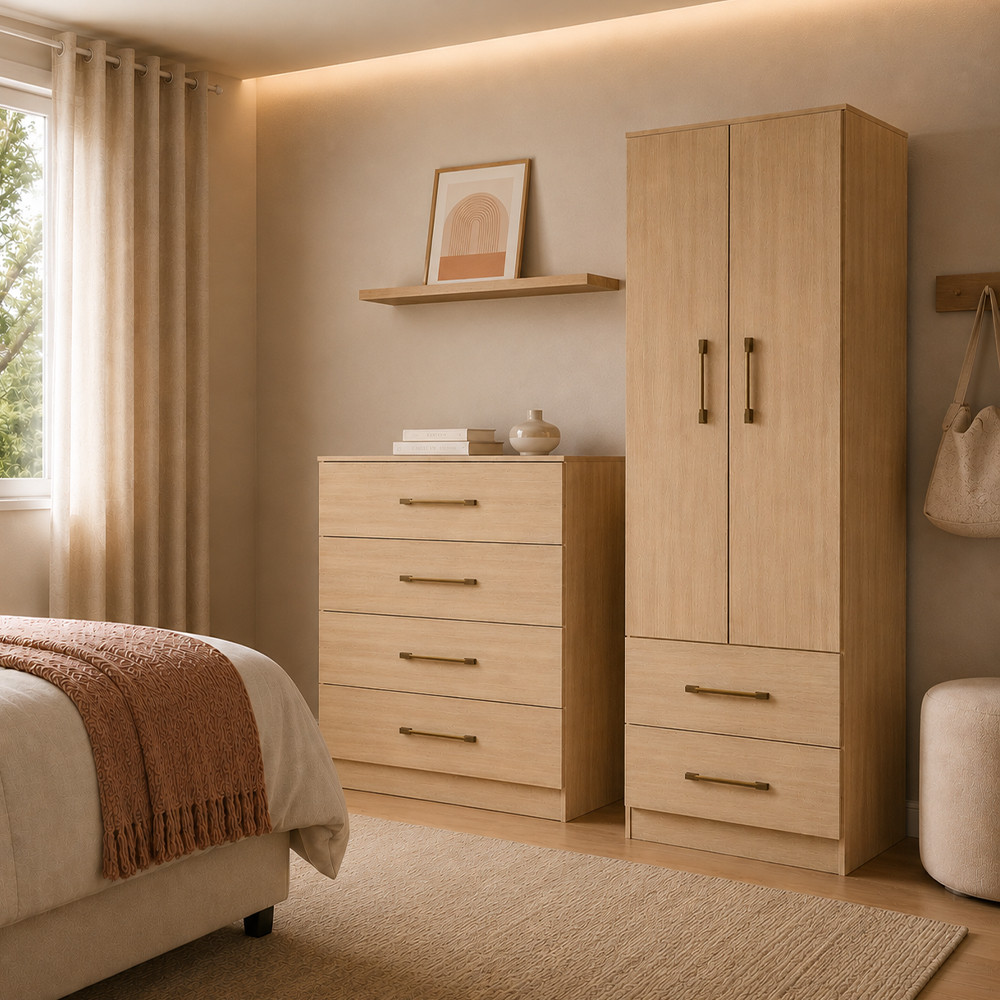 Kit Quarto Solteiro com Guarda Roupa 2 Portas e Cômoda 4 Gavetas Carvalho Menu Móveis