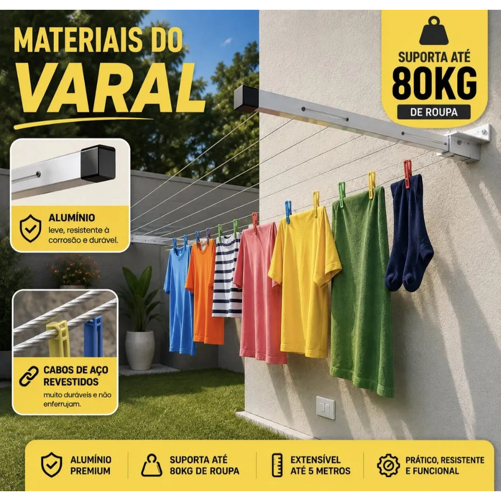 Varal De Roupa Reforçado 80 Kg Dobrável 2 Hastes 4 Metros Alumínio Cro — imagem 2 de 2