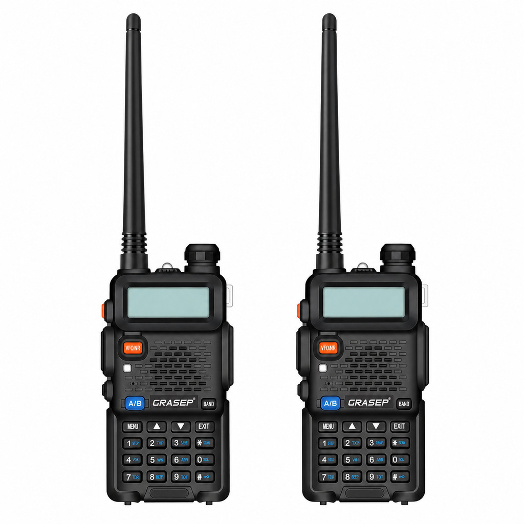 Kit 2 Rádios Comunicadores HT Walkie Talkie GRASEP D-5R Dual Band VHF UHF 128 Ca