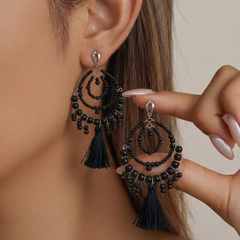 Maxi Brinco Boho Chic Argolas Em Camadas Preto Com Tassel CD15111