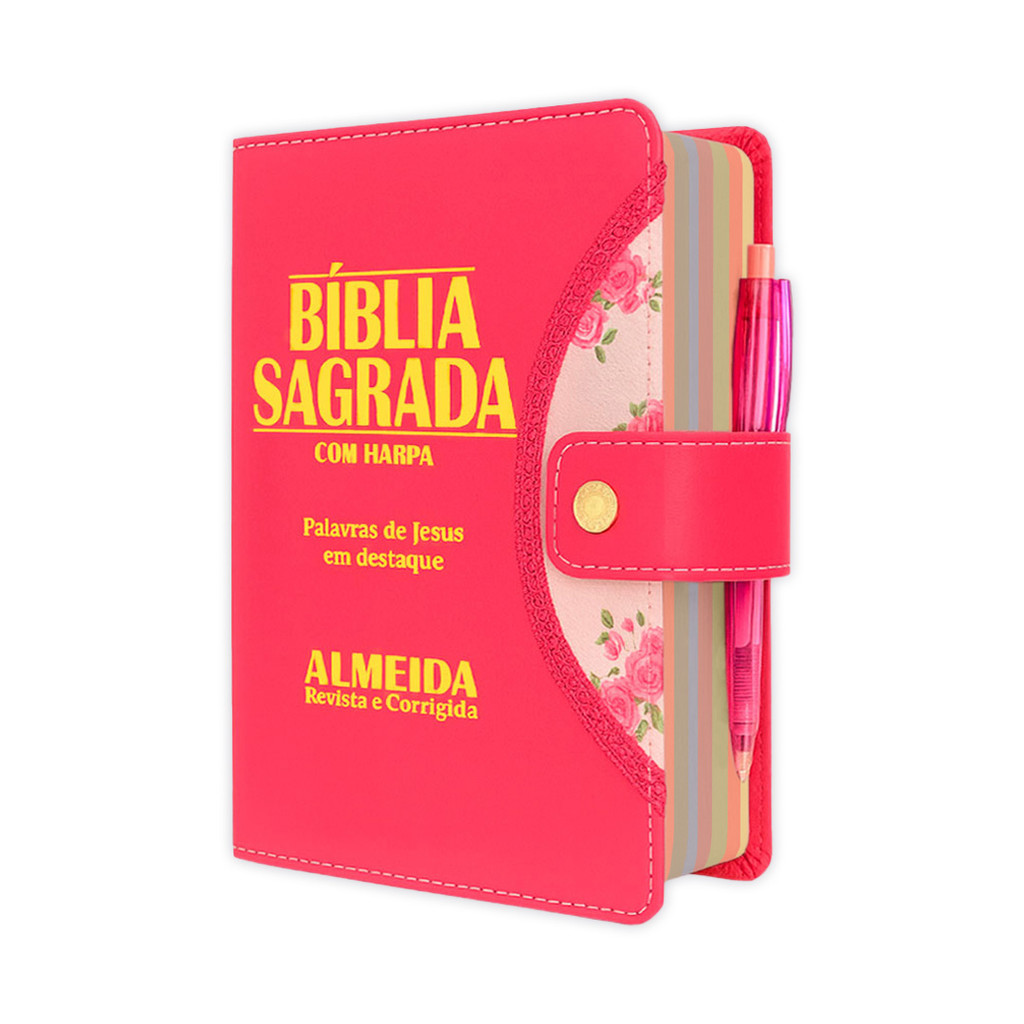 Bíblia Sagrada Evangélica femenina - Botão Pink | ARC - João Ferreira de Almeida com Harpa e Índice por Cores