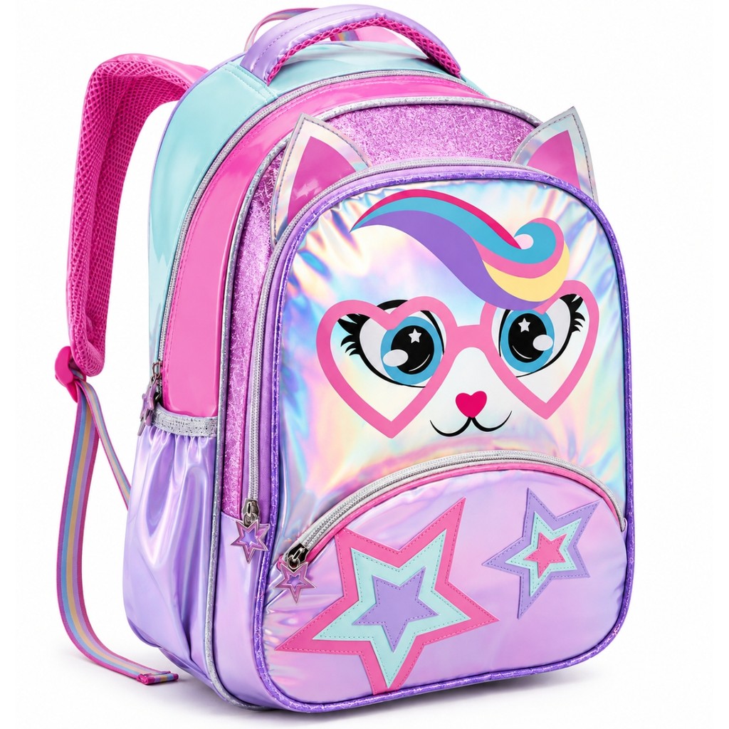 Mochila Escolar De Alças Gatinha Holográfica Feminino Infantil