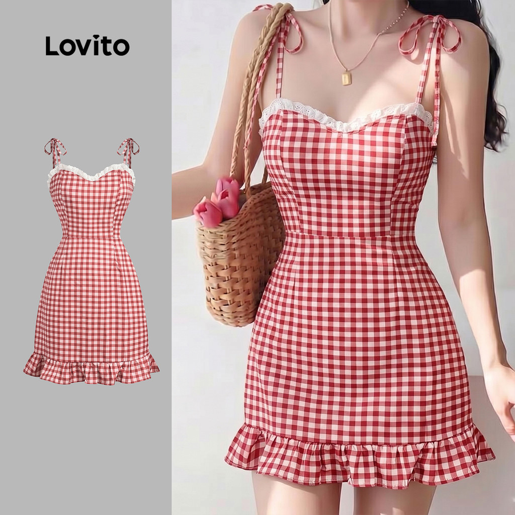 Lovito Vestido Casual com Babado e Renda Vermelho de Primavera/verão para mulheres Bordado LK7ED438